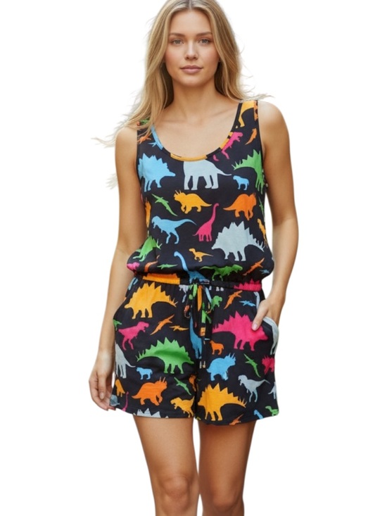 Source Unknown Pants - Source Unknown Black Multicolor Dinosaur Print Tank Romper